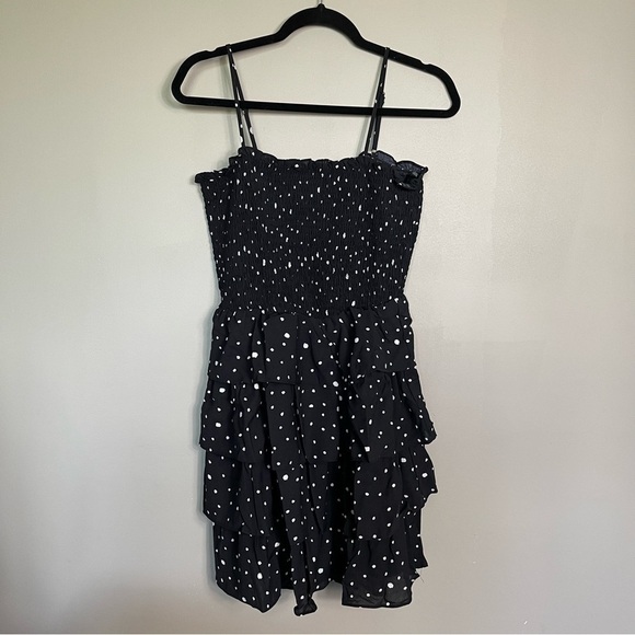 She+Sky Black Ruffle Short Dress Size Large Smock Spaghetti Strap Dot New - Picture 1 of 11